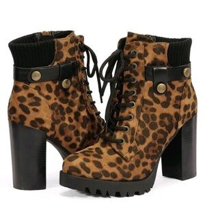 Womens Dream Pairs Boots Size 8 High Chunky Heel Lace Side Zipper Leopard Shoes